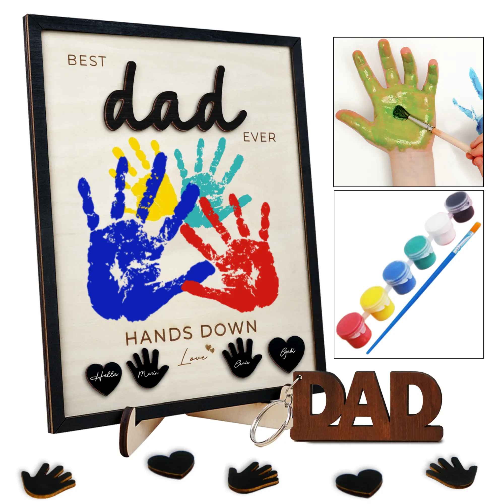 10" Best Dad Ever Hands Down Sign DIY Dad Gifts from Kids Handprint Kit with Acrylic Paint, Toddler Craft Birthday Gift Father's Day for Daddy, Papa Family Plaque with Daughter, Son Names, Girl Dad Fathers Day Gifts