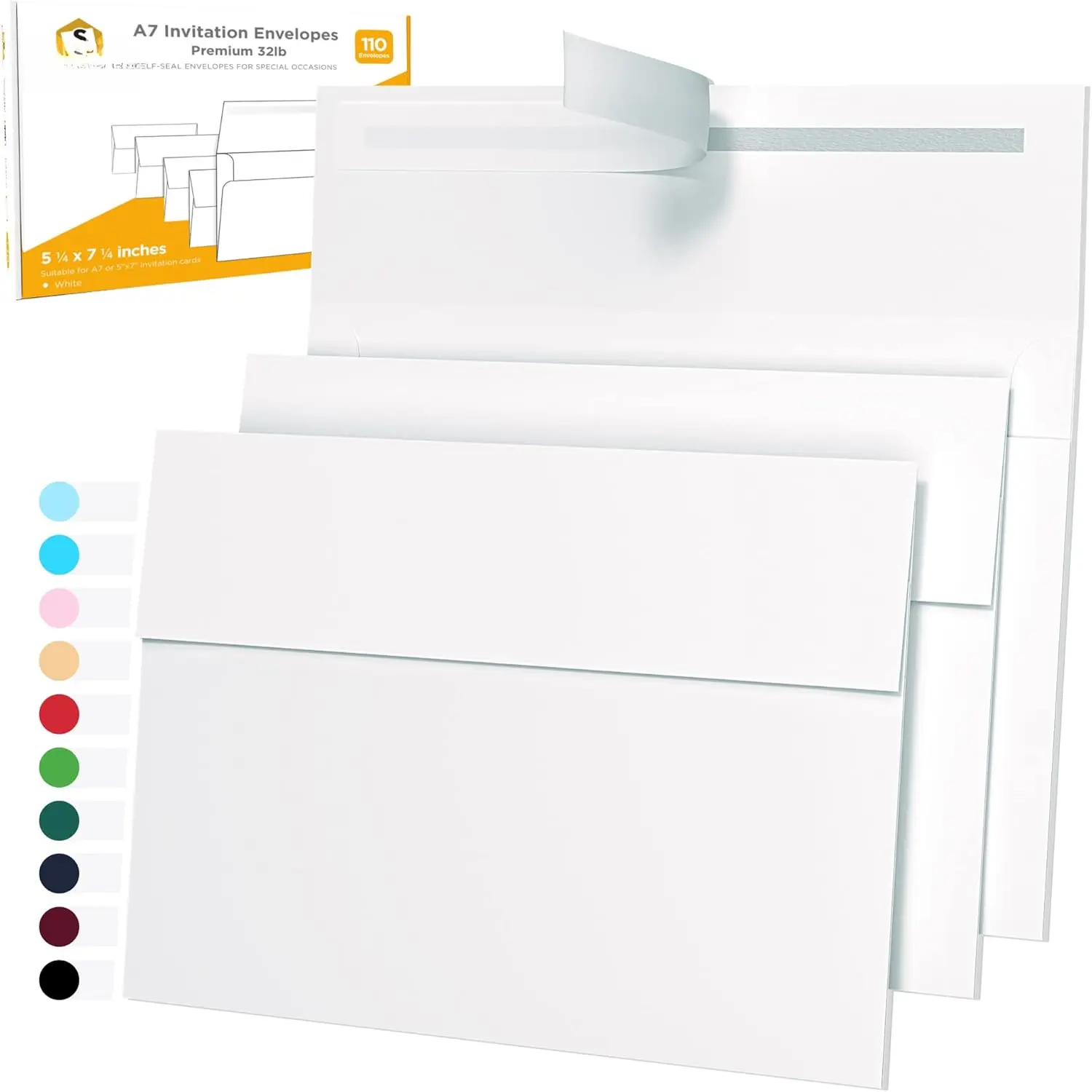 5x7 Envelopes for Invitations - 110 White Envelopes for 5x7 Cards - A7 - (5  1/4  x 7  1/4  inches) -  for Weddings, Graduation,  Shower - 120 GSM - Peel, Press & Self Seal - Square Flap