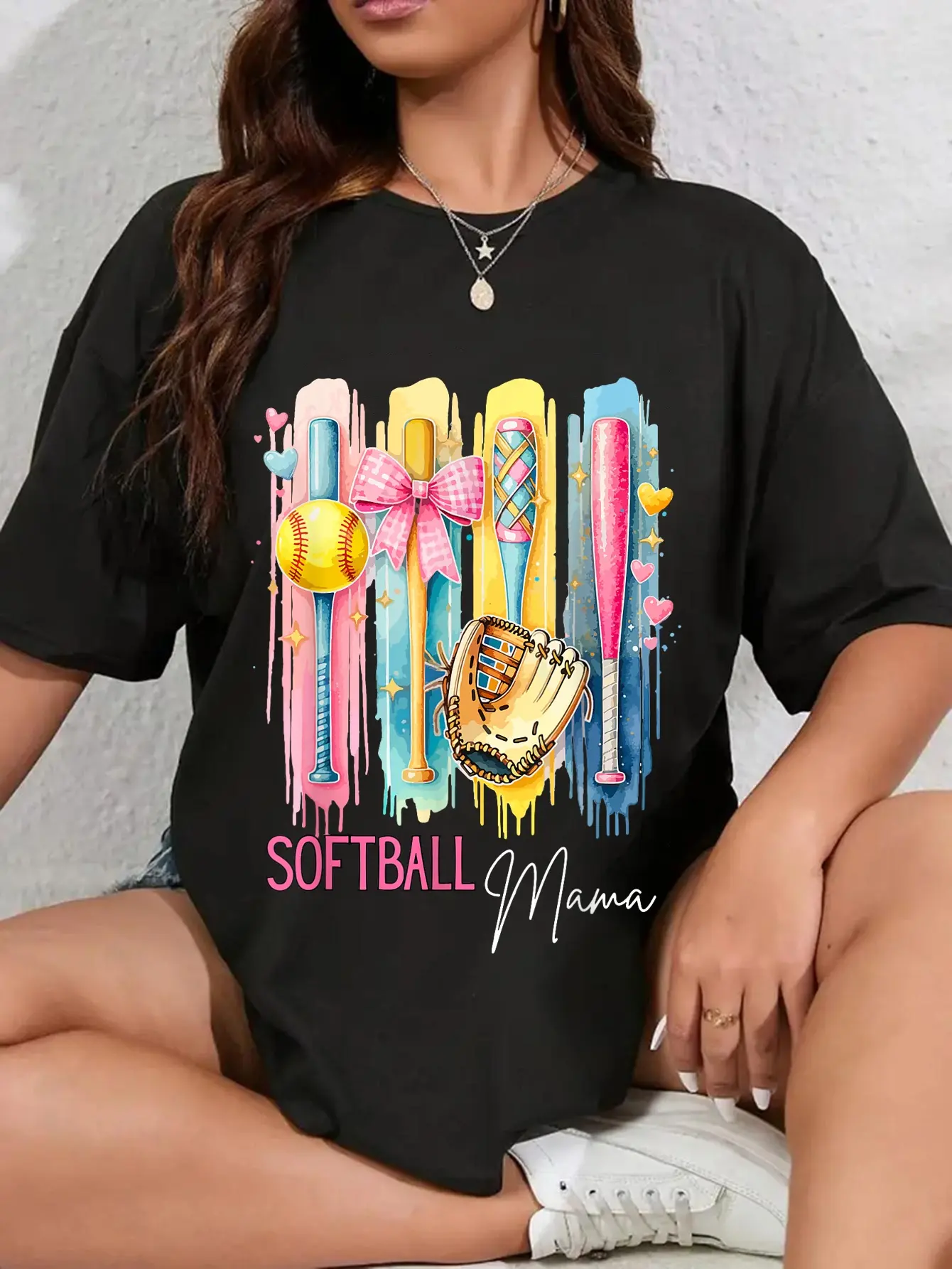 Women's Vintage Softball Theme Crew Neck T-Shirt - 100% Cotton Cute Short-Sleeve Tops, Funny Print, Retro Vibe for Casual Everyday Streetwear