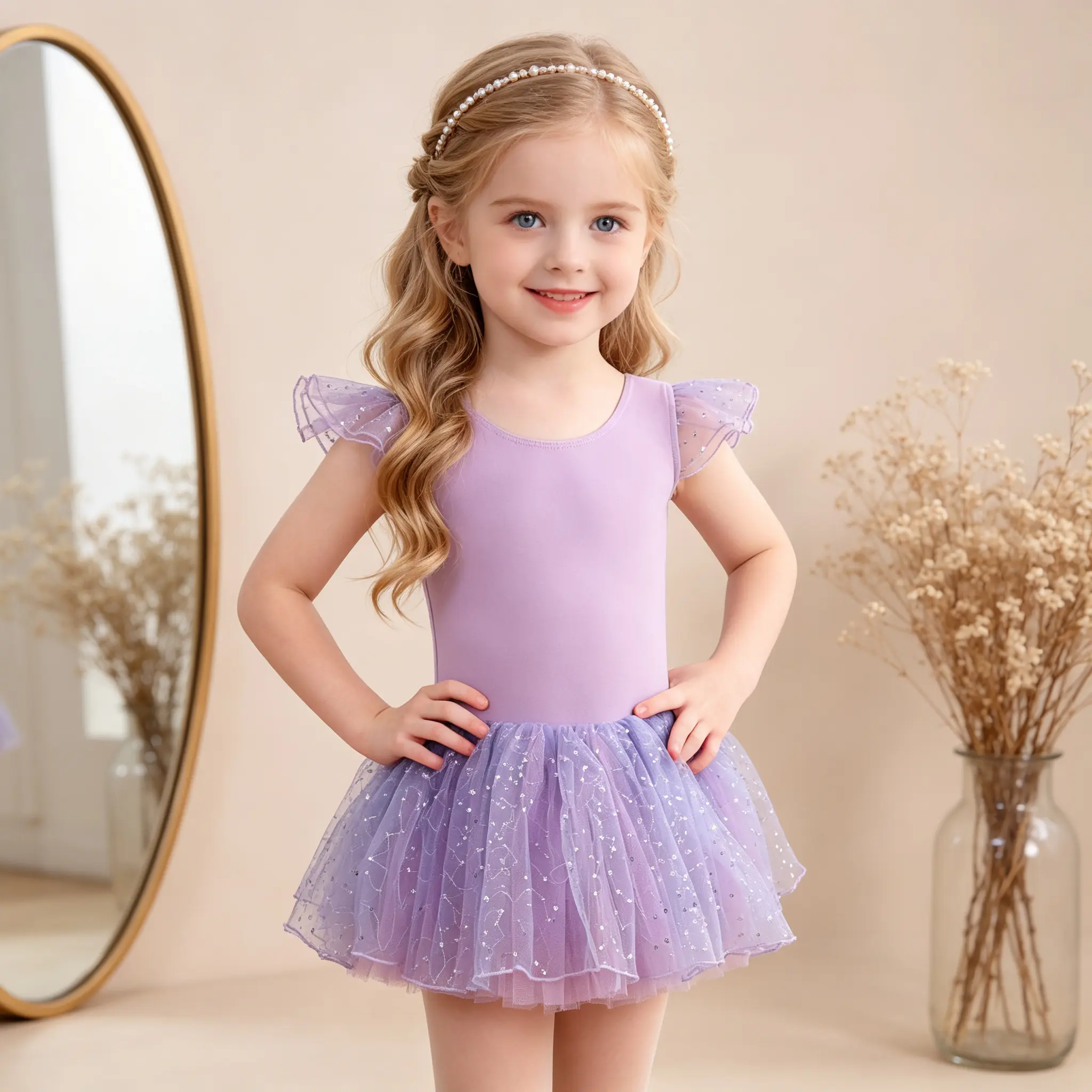 Girls Lavender Ruffle Sleeve Ballet Tutu Leotard, Back Cut‑Out Bow Glitter Star Tulle Skirt Dance Dress for Little Girls, Soft Stretchy Dancewear for Ballet Class Recital Daily Practice