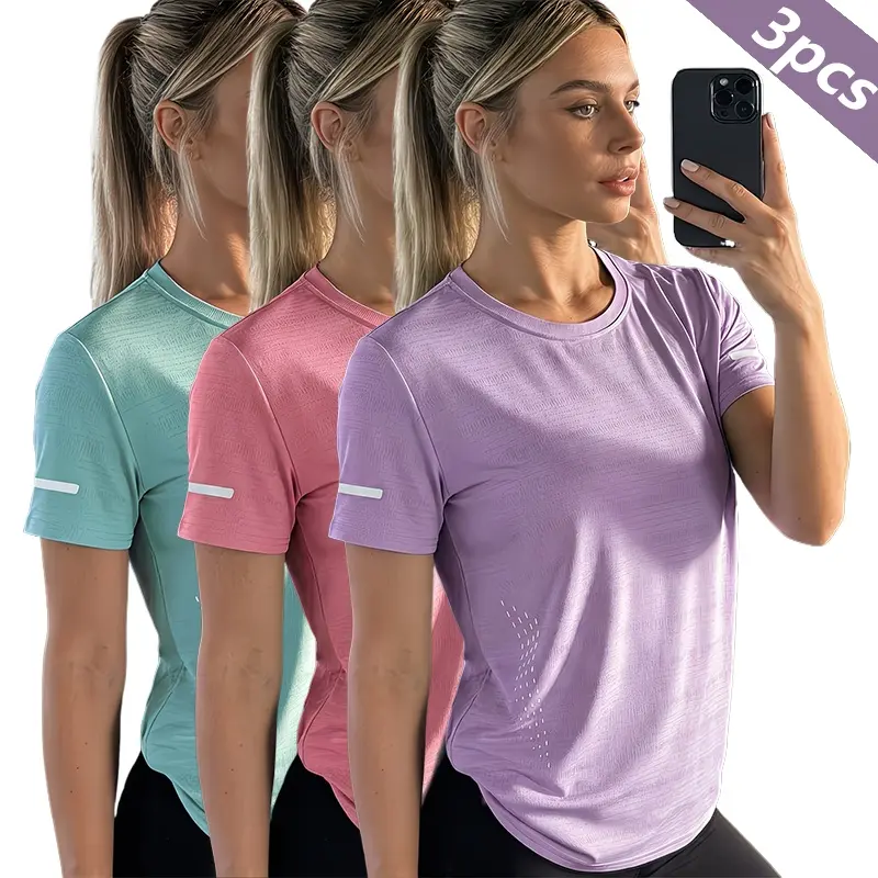 3-piece set: casual solid-color sports T-shirts, breathable slim-fit short-sleeve yoga tops, training short-sleeve tops, women’s yoga apparel