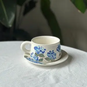 Handmade pottery coffee tea cup, mug with blue Hydrangea. Flower ceramic tableware. Birthday, wedding, festival gift.