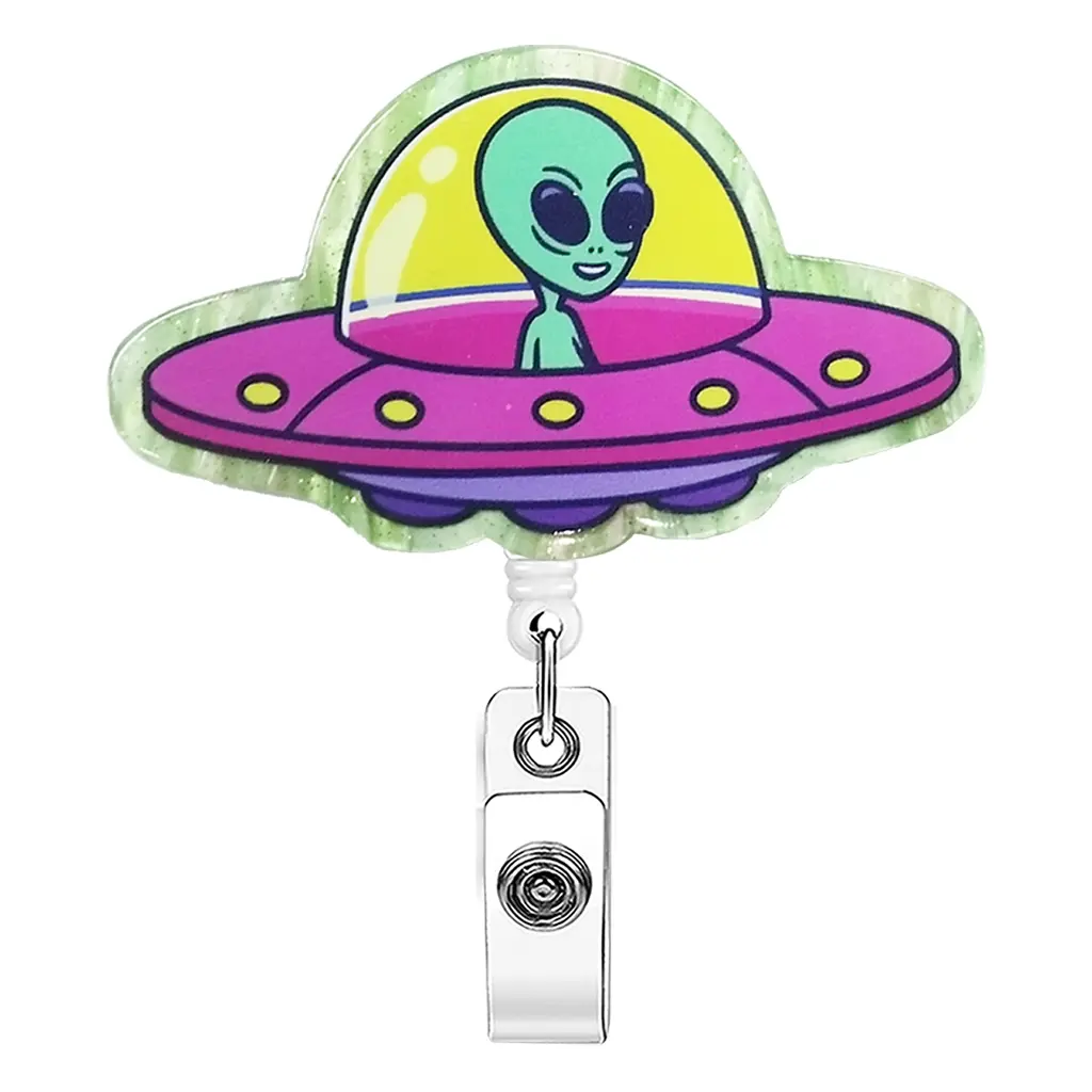 A retractable clasp with alien flying saucer cartoon shape, which can be used to hang badges. The style is sci-fi and playful, suitable for scenes that love extraterrestrial and sci-fi elements, Pin, Retractable Badge Reel, Funny Badge Reel