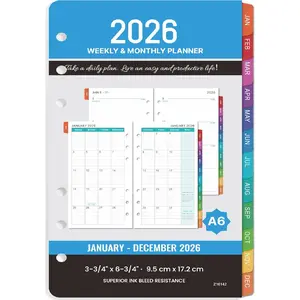 2026 Planner Refills - A6 Weekly and Monthly Planner Inserts, 4" x 6.73", Jan. 2026 - Dec. 2026, Planner Refills 2026, 6 Holes, Colorful Monthly Tabs