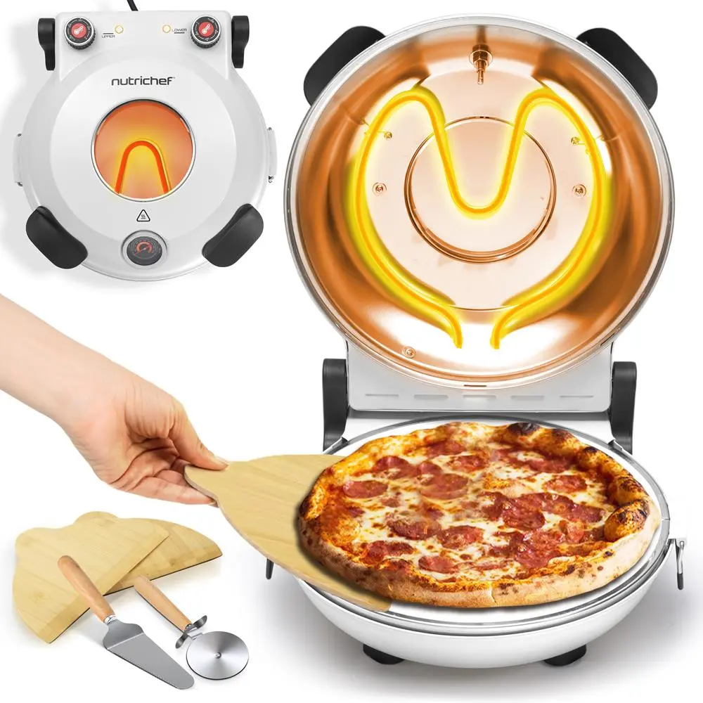 12" Electric Pizza Oven with Non-Stick Stone - White | Includes Pizza Maker with Wooden Paddle, Cutter & Spatula - 1200W Fast Heating with Dual Temperature Control, Built-In Thermometer, Overheat Protection, Viewing Window - Countertop Kitchen Appliance