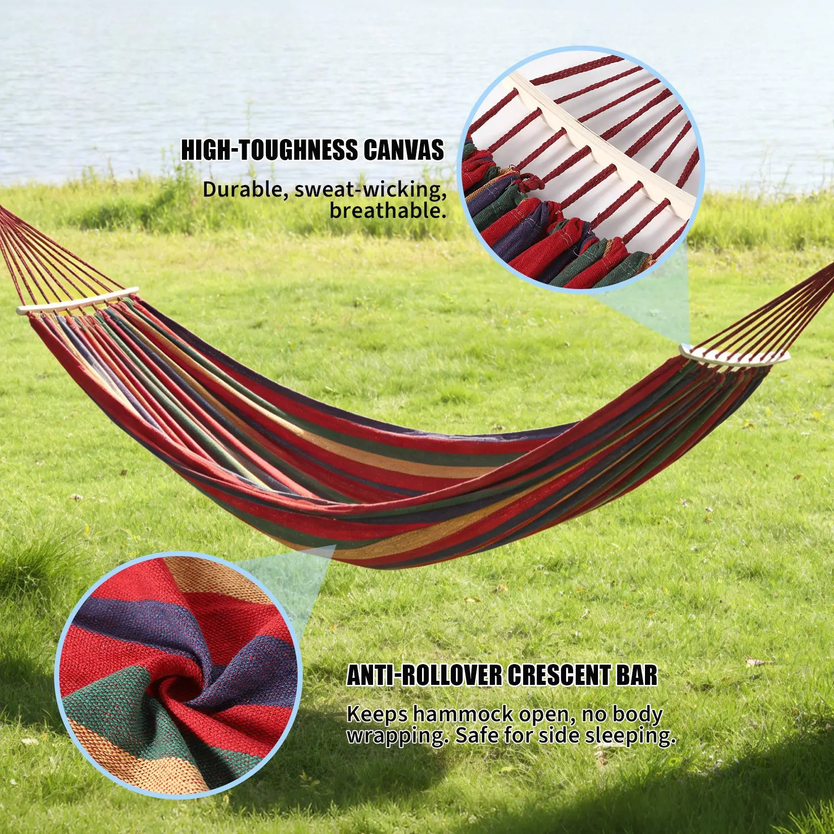 OP-330x150cm,Portable Double Camping Hammock with Tree Straps & Anti-Roll Balance Beam - 500lbs Capacity - Ideal for Patio, Backyard, or Camping ,Red and Yellow stripes