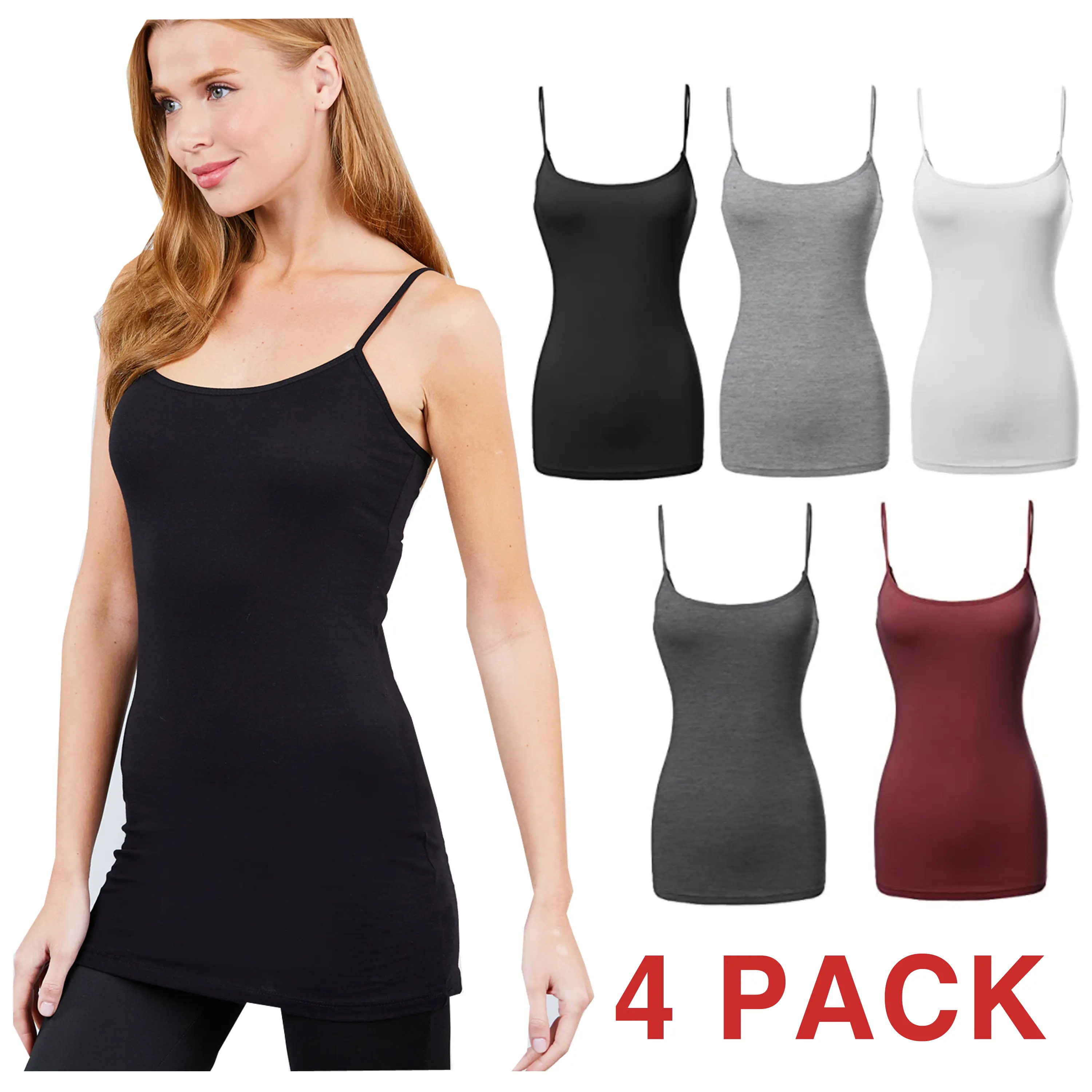 [4 PACK] Women's Cotton Cami Yoga Adjustable Spaghetti Strap Tank Top Long Layering Soft Casual Essential Basic Camisole Plain Plus Size (S-3XL)