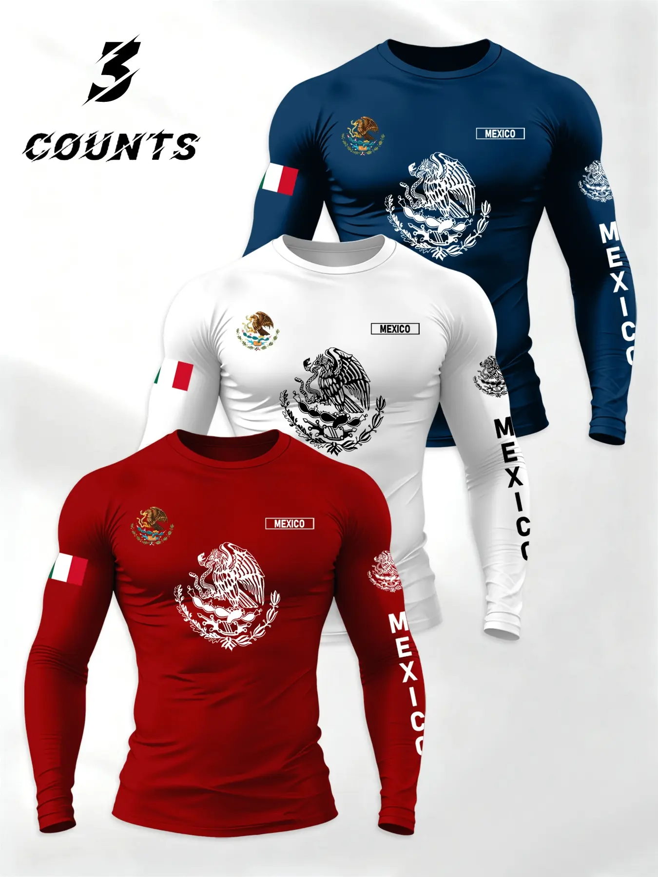 Men's Comfortable Fitted Knit Long Sleeve T-Shirt Set, Menswear, Warm Soft Fabric, Mexican Theme Letter Flag Print, Casual Fashion Spring Autumn Wear, Casual Printed