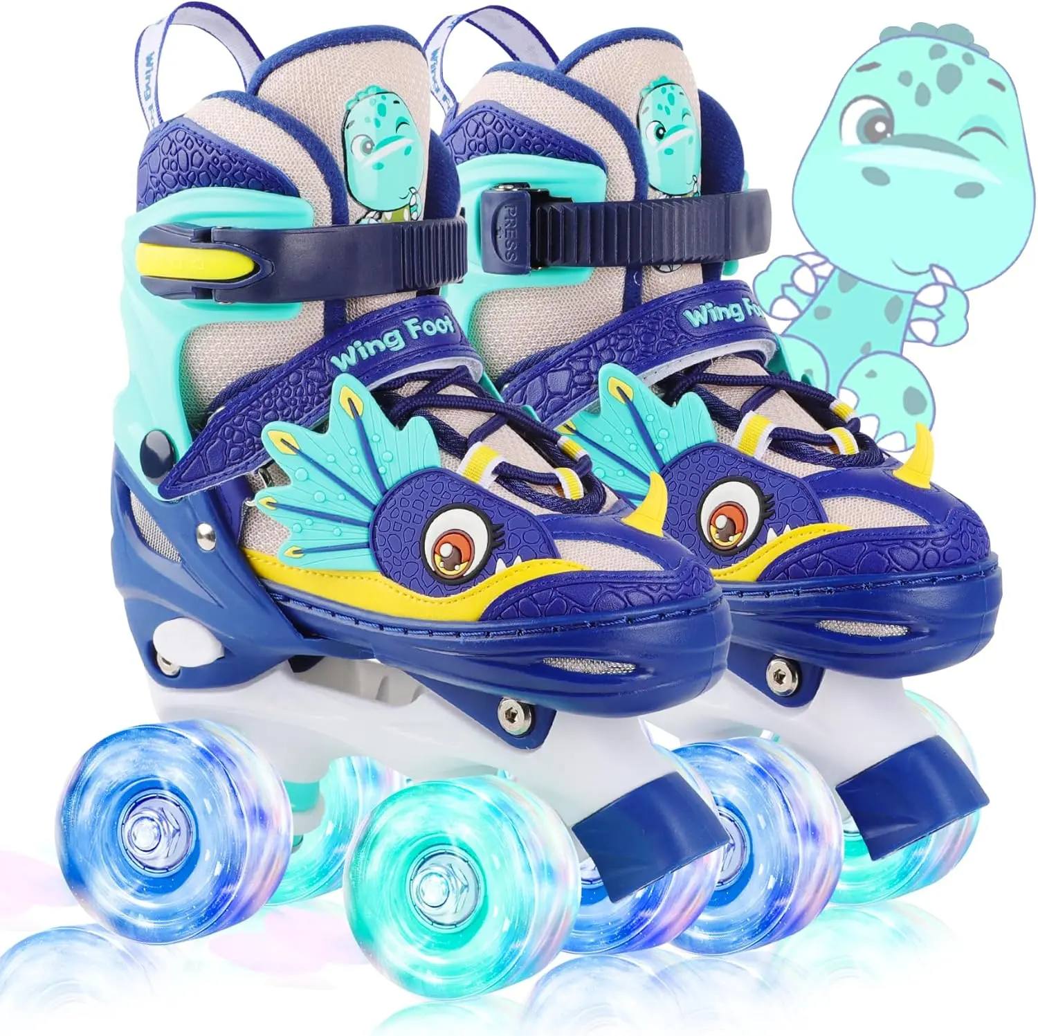 Kids' Dinosaur Design Adjustable Sizes Quad Skates - Beginner Unisex Roller Skates with Shiny Light-Up Wheels, Velcro Straps, S/M Sizes, All-Season Sports Footwear