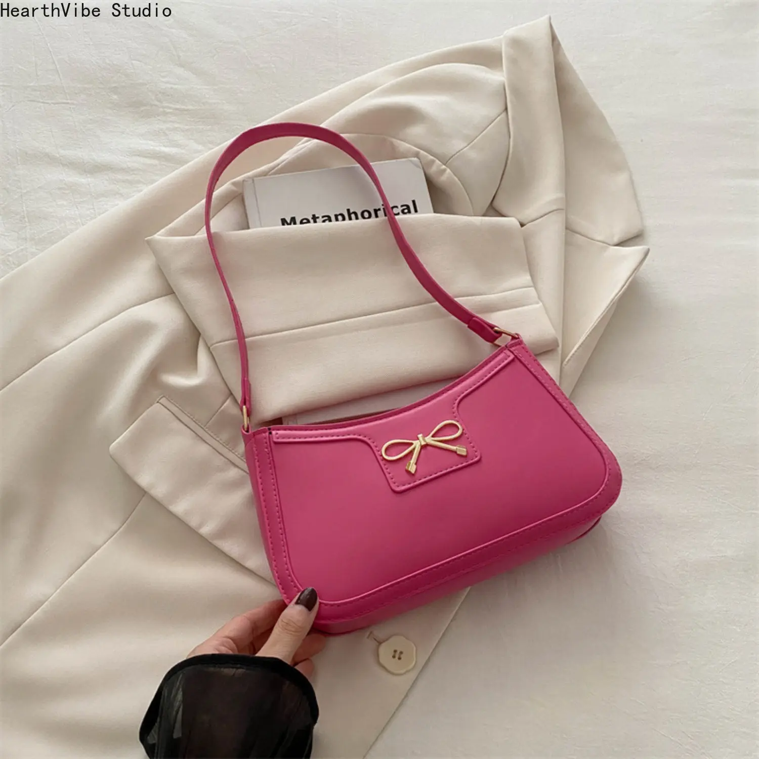 Women's Balletcore Solid Color Bow Gym-Style Shoulder Bag, Chic Ribbon Decorated PU Leather Crossbody, Versatile Commuting Purse for Daily Use, Office, Gym-Style Shoulder Bags
