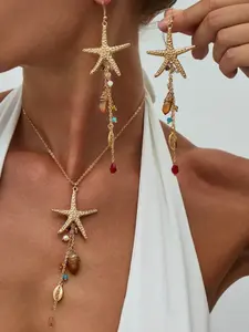 Boho Style Metal Starfish Shell Pendant Necklace, Alloy Chain, Irregular Crystal Water Drop Tassel Jewelry Set for Women, Beach Vacation Gift