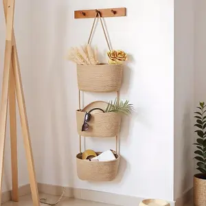 Over the Door Hanging Basket, 3-Tier Woven cotton Storage Organizer, Wall-Mounted Decorative Bag, Nursery Jute Hanging Baskets target  baskets black  box  covered  wax room  caddy ideal storage shelf storage basket small woven basket small storage basket