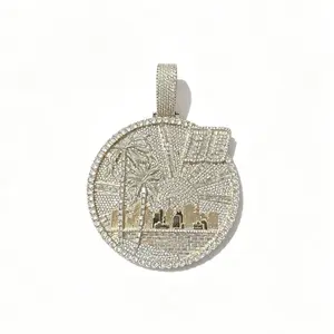 8149  Iced Out Sunset Cityscape Palm Tree Pendant, Hip Hop Style Urban Vibe Charm, Bling Statement Necklace for Rappers & Streetwear Lovers outdoorfun