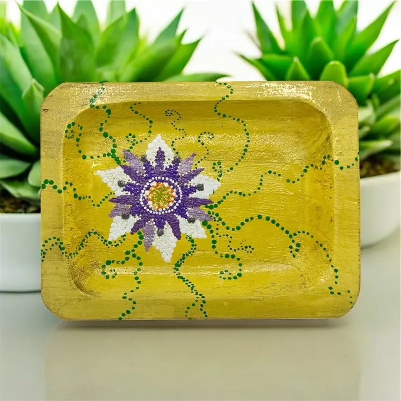 Wooden PASSIONFLOWER Tray 8.25 L x 6 W x 2 Handcrafted with Vibrant Purple and White Floral Design for Home Decor Plates