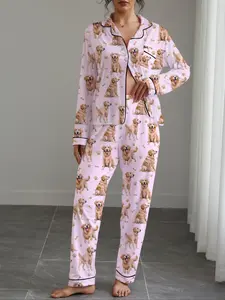 Women's Autumn Winter Pajama Set, Cute Golden Retriever Print Nightwear, Shirt Collar Button Front Long Sleeve Top & Elastic Pants Loungewear, Homewear