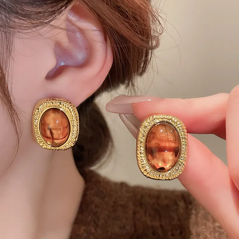 Melard 87#Silver Needle-Real Gold Plating Geometric Irregular Acrylic Heart Gold Stud Earrings, Elegant Light Luxury Fashion Jewelry, Valentine's Day & Birthday Gift, 87#Silver Needle-Gold-Coffee (Real Gold Plating)
