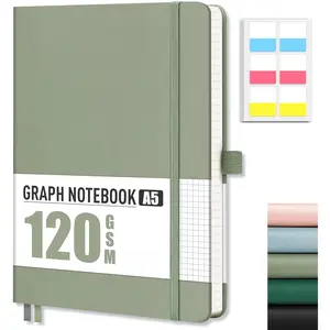 Graph Paper Notebook - Grid Notebook Journal A5, 120 GSM Thick Graph Paper, 160 Pages, Leather Hardcover, for Graphing, Writing, Math, Engineering, 5.75'' x 8.38''- Sage Green