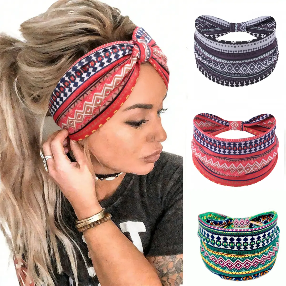 Women's Bohemian Headbands, 3 Pack Wide Non-Slip Hair Wraps, Soft Cotton-Like Sweat Wicking for Yoga & Running, Sweat Wicking Headband, Training Headband