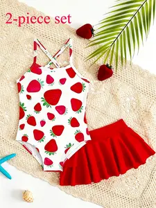 Girls Strawberry Pattern Swimsuit Set, Cute Style Two-Piece Swimwear, Strapless One Piece Top & Layered Ruffle Skirt, Beach Vacation