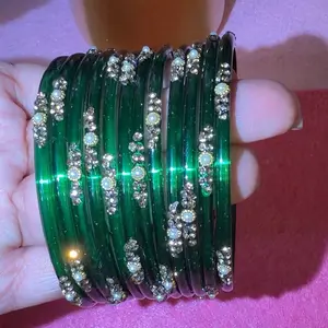 Kashmiri Bangle - Green Glass with Rhinestone Accents for Festive Wear