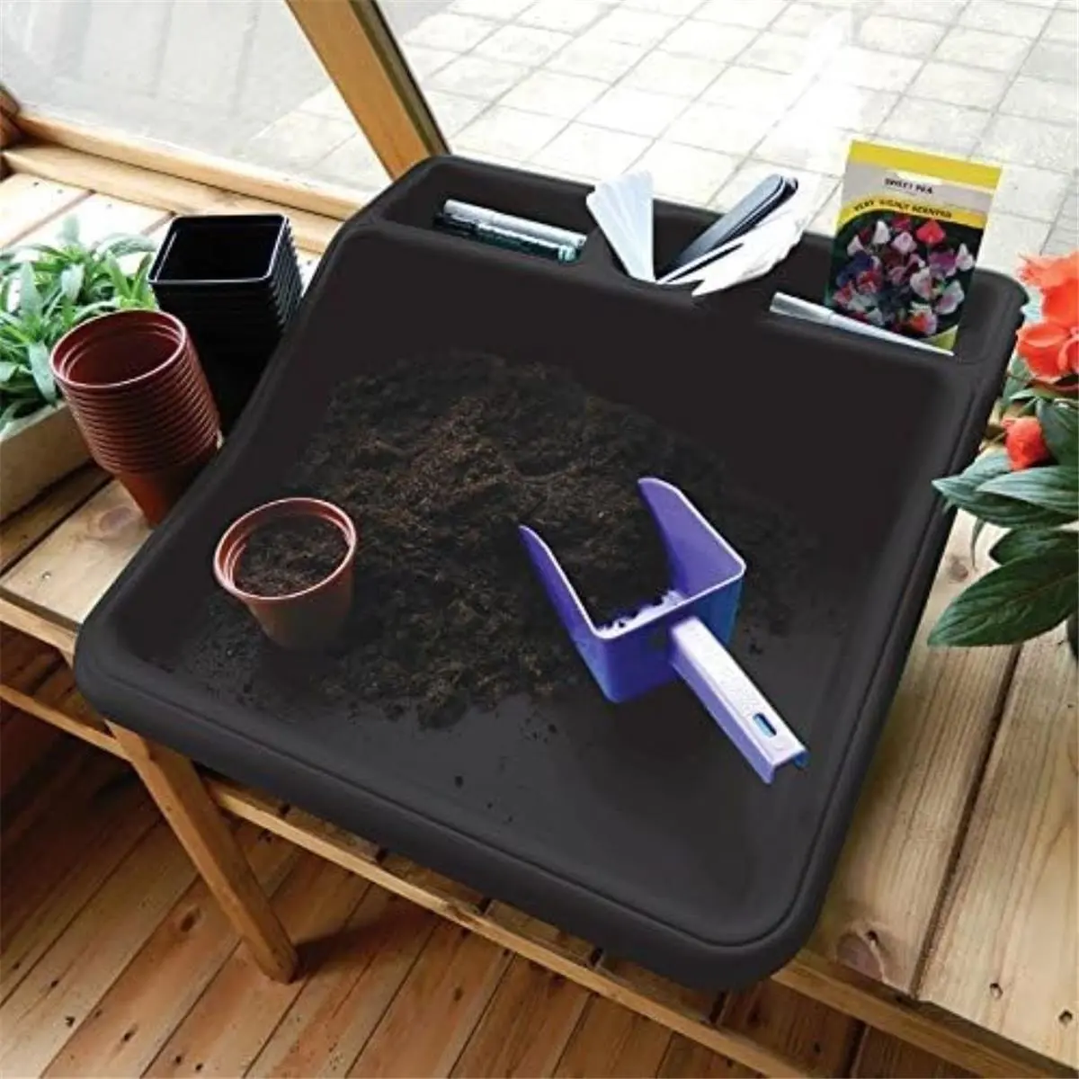 Garland Products GP185B Black Compact Tidy Tray with Integral Shelf, 100% Recycled Eco-Friendly Plastic, 19in L x 19.5in W x 6in H, 2 lb Lightweight Durable Tray for Home Gardeners, Hobbyists