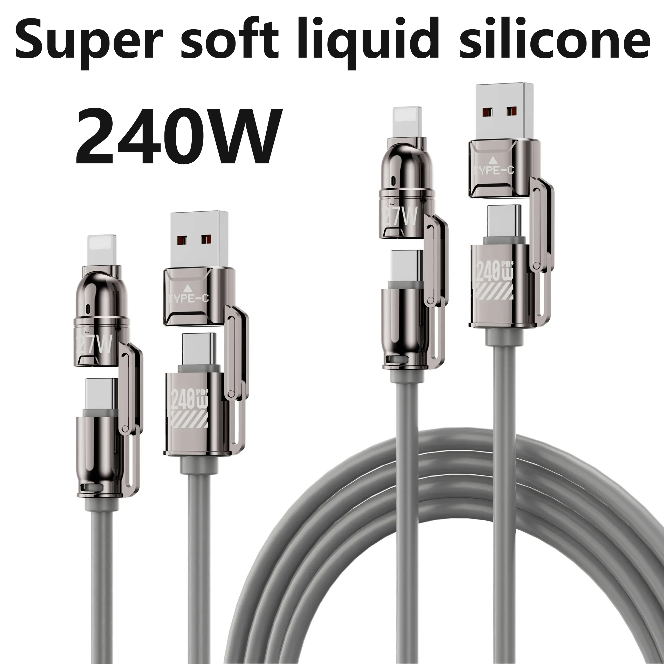 240W Speed Fast Charger Set - Super Soft Liquid Silicone & Alloy Aluminium, 240W Charging Adapter + 3.9FT 4-in-1 USB A-C Data Sync Cable with Protection for Mobile, Digital, Lightning-Enabled Smartphones & Electronic Devices