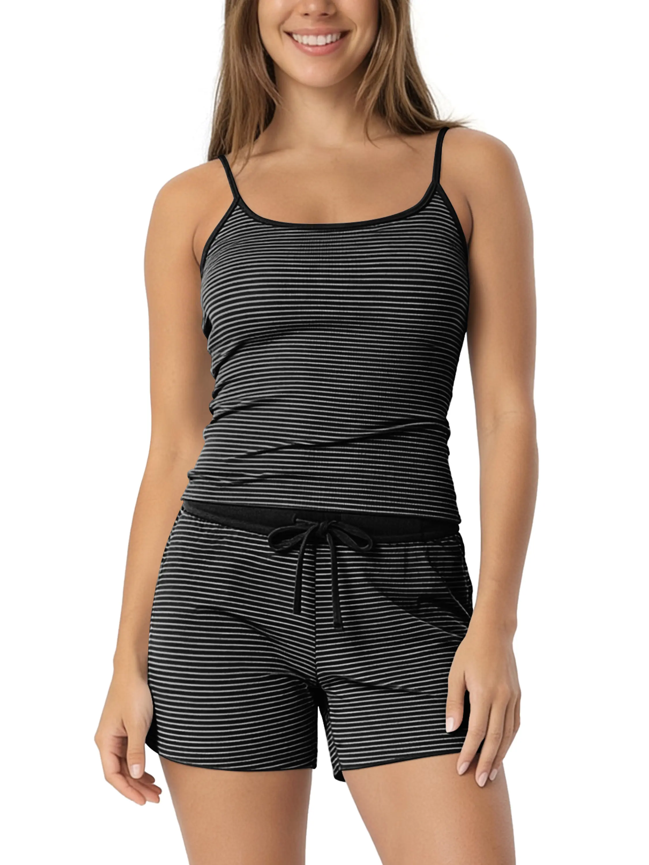ODODOS Women's 2-Piece Cami Pajama Set - Ultra Soft Striped Sleep & Lounge Set with Adjustable Shorts, Home Loungewear
