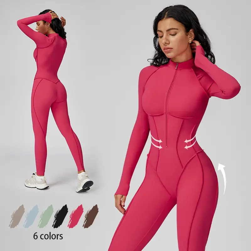 Women's Contour Seam Long-Sleeve Bodycon Workout Jumpsuit - Tummy Control Zip, Padded, Full-Length Shapewear, Edge Seams, Sleek Lines, Full Coverage, Workout Gym Clothing, Fitness Sport Outfits, Athletic Style Activewear, 1-Piece Body for Yoga, Pilates