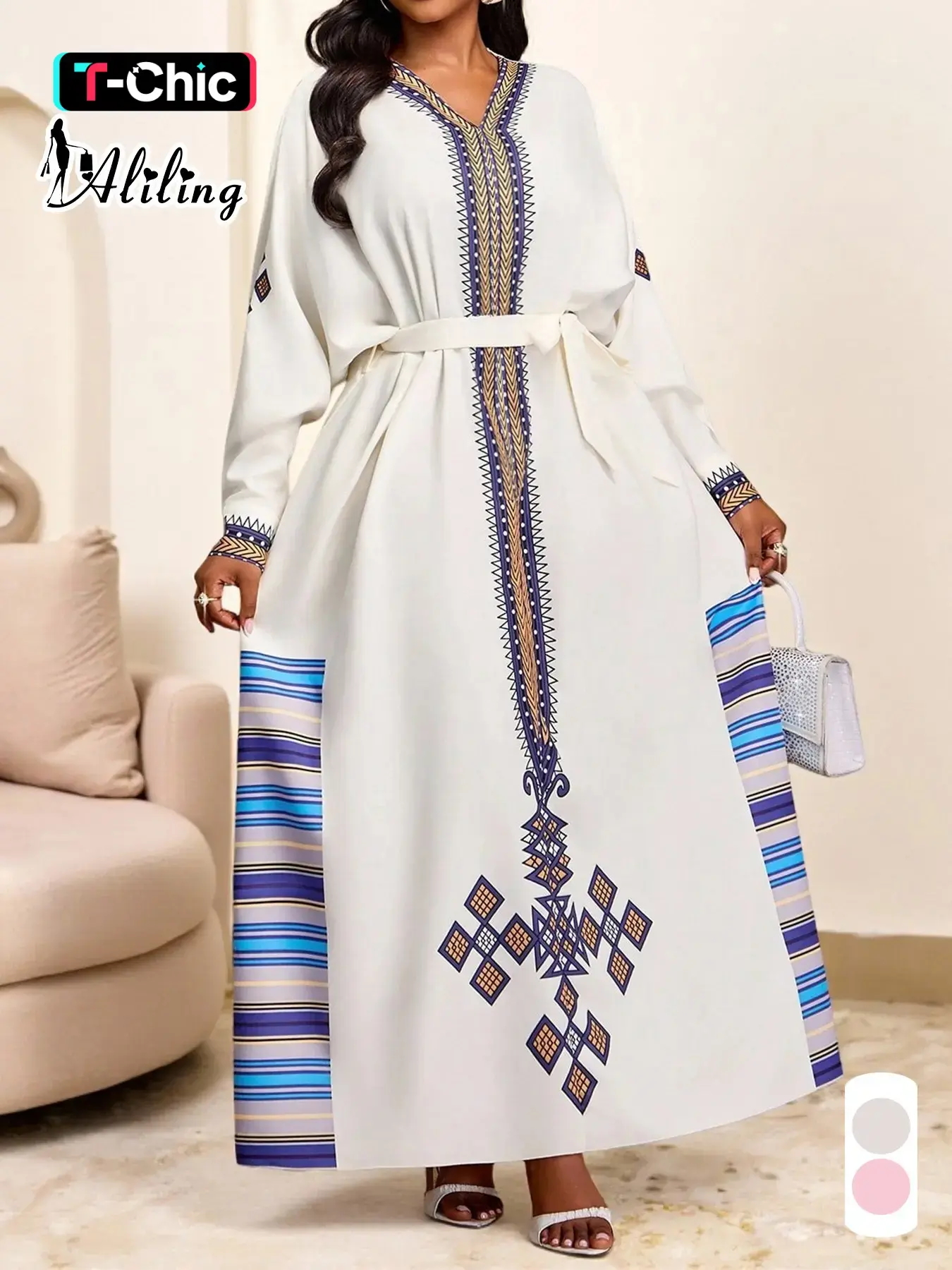 Elegant Geometric Print Women's Dress, V Neck Long Sleeve Self-Tie Belt Dress, Casual Loose-Fitting All-Season Fashion Womenswear, Tie Waist Dress