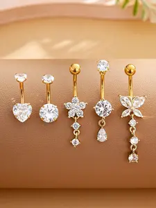 Stainless Steel Belly Button Rings Set, Navel Piercing Jewelry, 18K Gold Plated With Butterfly, Water Drop, Heart Shaped Zirconia Stones, Sexy Body Piercing Jewelry For Women Daily Wear