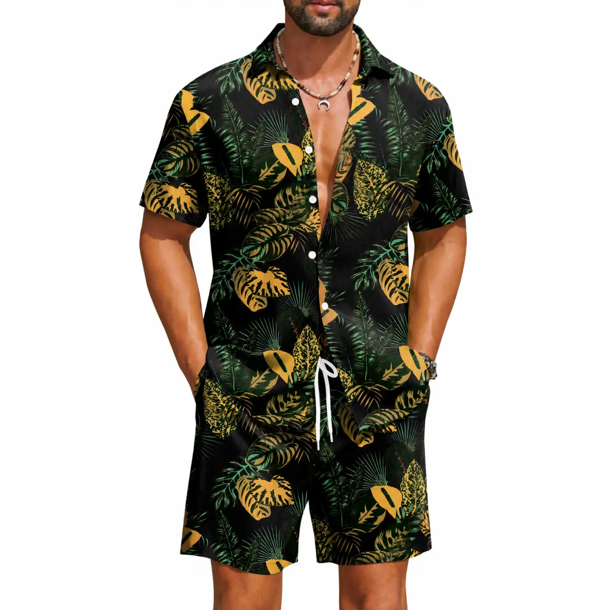 Men's 2-Piece Retro Classic Hawaiian Clothes Set - Stretch Tropical Floral Short-Sleeve Button-Down Shirt & Matching Drawstring Shorts, Lightweight Breathable Quick-Dry Menswear Beachwear for Summer Vacation, Casual Travel, Island, Print