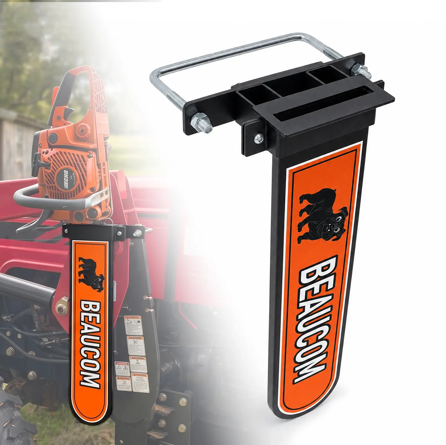 BEAUCOM Universal Steel Chainsaw Holder for Tractor ATV UTV, 21x5 Inch | Heavy-duty powder-coated carrier with 12mm U-bolt. Pre-assembled scabbard mounts in minutes to prevent bumps & rust.