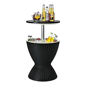 [AffiliateLive] Costway Cool Bar Table, 8/10 Gallon Beer and Wine Cooler, Rattan Style Patio Bar Tables, Height Adjustable, 3-in-1 Ice Cooler with Drainage Plug, Outdoor Cocktail Table for Deck Pool Party
