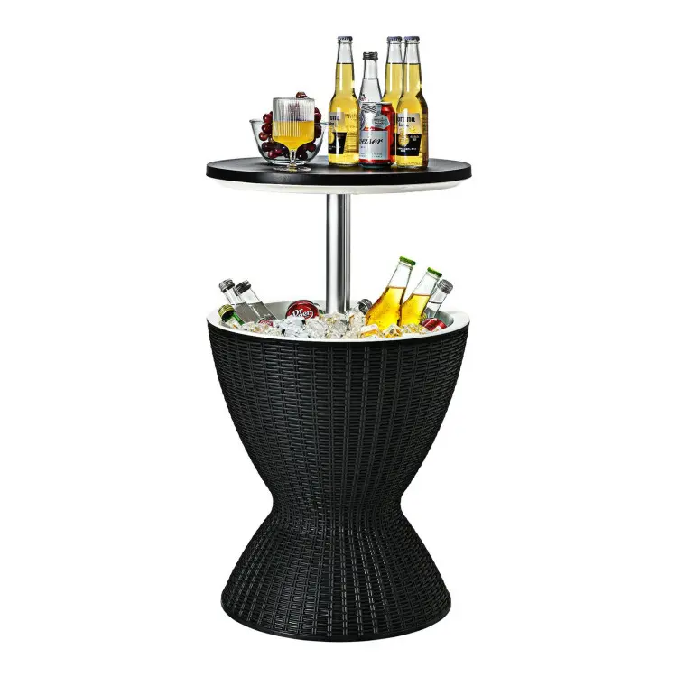 [AffiliateLive] Costway Cool Bar Table, 8/10 Gallon Beer and Wine Cooler, Rattan Style Patio Bar Tables, Height Adjustable, 3-in-1 Ice Cooler with Drainage Plug, Outdoor Cocktail Table for Deck Pool Party