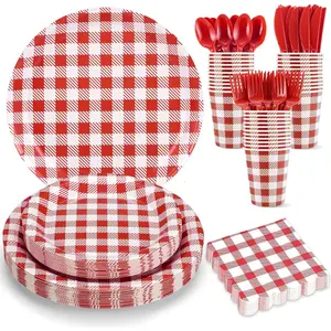 175 Pcs Gingham Party Supplies Include Red Gingham Plates and Napkins Cups Plastic Cutlery Disposable Picnic Party Decorations for Bbq, Pizza, Patriotic, Mothers Day