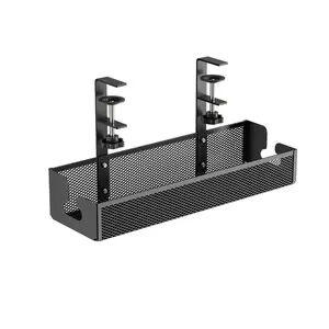Clamp-style metal cable organizer for under the desk, no drilling required; suitable for home and office use. Stores power strips and various cables, tidies up messy wiring, and combines cable organization with desktop storage.