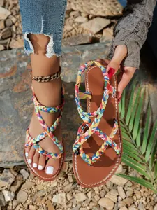 Women's Summer Woven Sandals, Colorful Floral Pattern, Comfortable Design, Elegant and Vibrant, Suitable for Casual Occasions, Lightweight