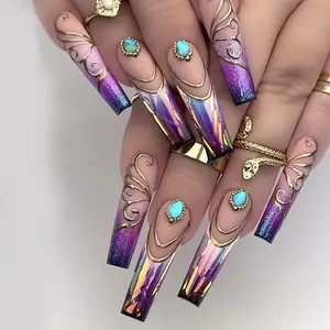 Butterfly Pattern Rhinestone Decor Fake Nails with Nail File & Tape, 24pcs Long Square False Nails for Women & Girls DIY Nail Art, Effortless Press on Nails Set