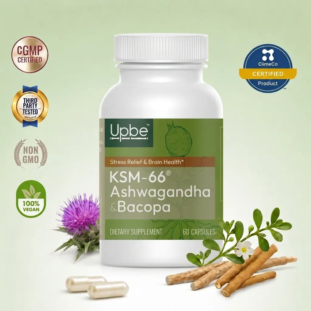 Upbe KSM-66 Ashwagandha & Bacopa Vegan Capsules - Herbal Dietary Supplement for Stress Support, Healthy Cortisol Levels - 60 Count