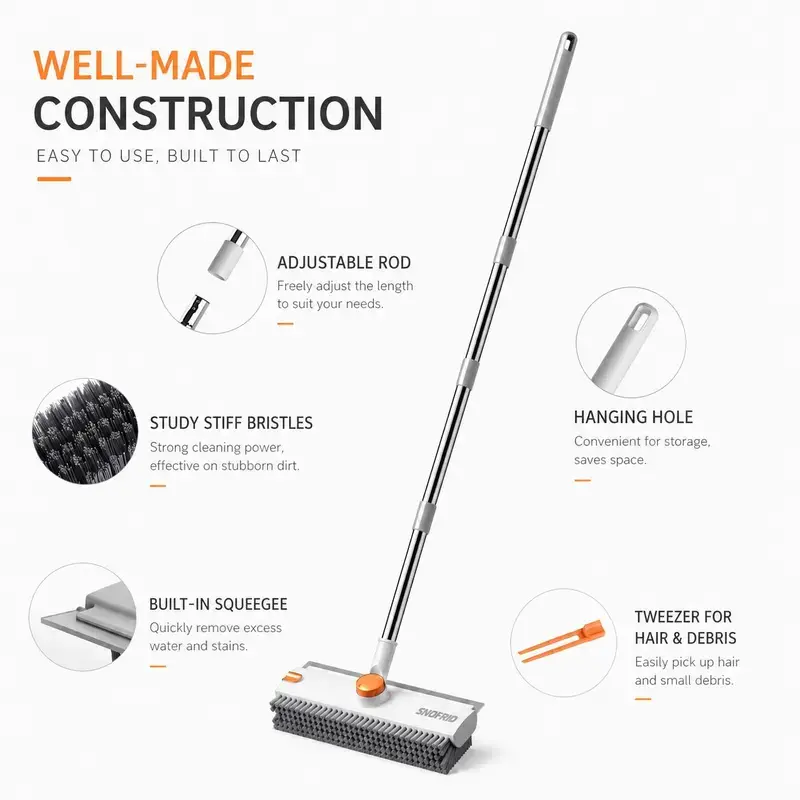 3 in 1 Floor Scrub Brush with 54-in Adjustable Long Handle and Scraper Heavy Duty Stiff Bristle Floor Scrubber for Cleaning Shower Bathroom Kitchen Patio Garage Pool Wall and Deck, Orange&White