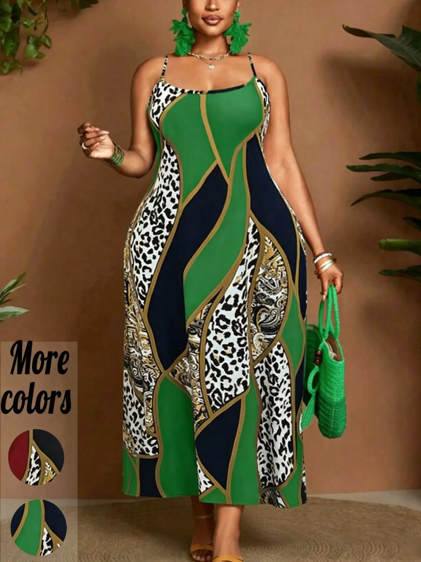 1 Piece Plus Size Leopard and Baroque Print Spaghetti-Strap Maxi Dress, Boho Luxe Style Stretchy Bodycon Dress with Colorblock Detail for Curvy Women, Perfect for Summer Vacation, Brunch & Evening Events