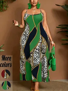 【Plus-Size】1 Piece Leopard & Baroque Print Spaghetti Strap Maxi Dress, Boho Luxe Style, Stretchy Bodycon Fit & Geometric Color-Block Detail, For Curvy Women, Perfect for Summer Vacation, Brunch & Evening Events, TikTok Viral Find