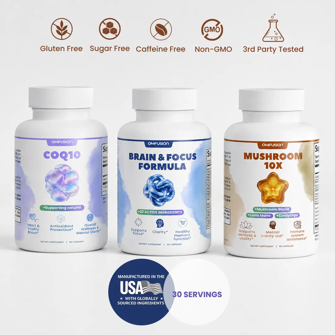 OM FUSION Daily Performance Stack with Brain & Focus Formula, Mushroom Complex 10X and CoQ10, 3-Bottle Bundle
