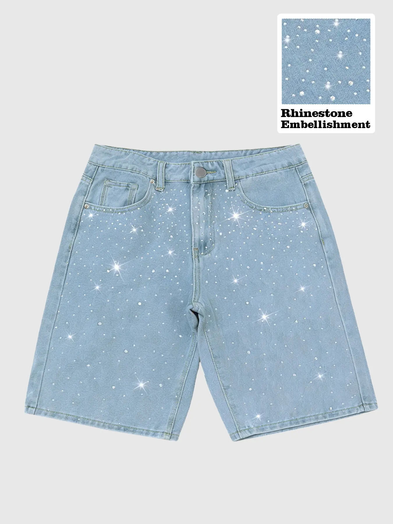 Men's Casual Basic Everyday Loose Fit Boyfriend Denim Summer Shorts, Light Wash, Rhinestone Design, All Seasons, Street Style, Streetwear, Fitted, Plain Pattern, Pocketed Jeans, Bottom