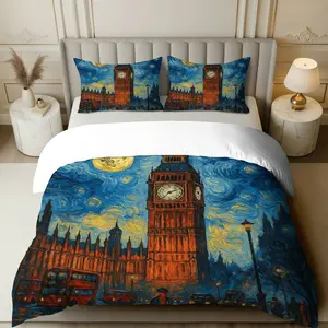 3PCS Duvet Cover Set, 1 Duvet+2 Pillowcases(Without filler), Big Ben Starry Night Van Gogh Art London theme, Christmas bedding set, British Landmark Canvas Suitable for decoration bedroom, living room, guest room, studio.