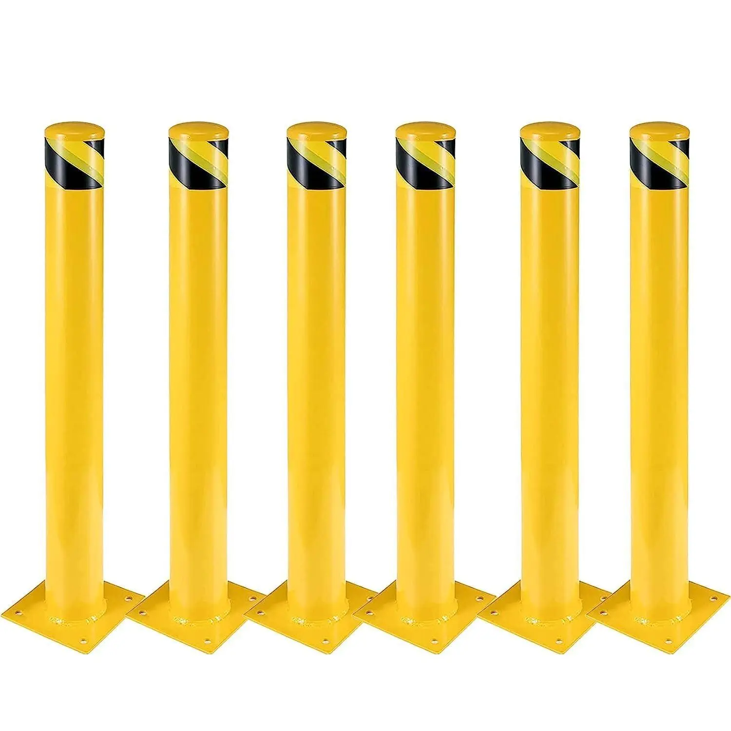 6-Pack 42 Inch Steel Safety Bollard Post, 4.5 Inch Diameter Metal Safety Bollard with 24 Anchor Bolts for Driveway Barrier, Parking Pole, Traffic Control