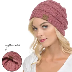 Thick Slouchy Warm Fleece Lined Cable Knit Beanie - C.C Winter Warm Cuff Cap Hat 25