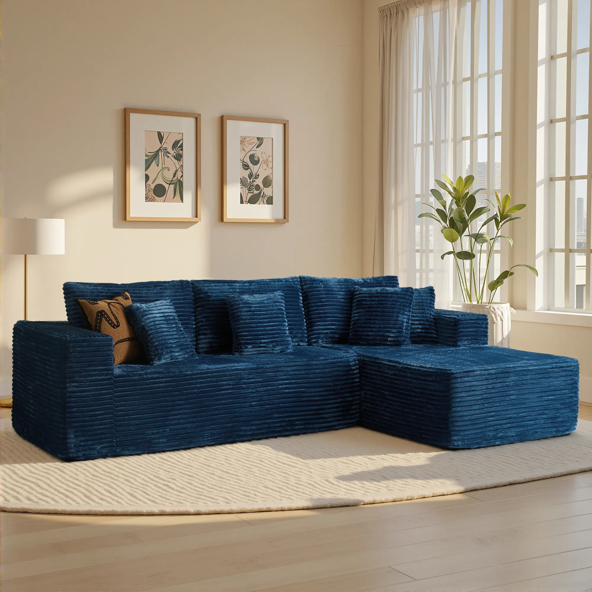 3 Seat Blue L Shape Sofa Right Chaise