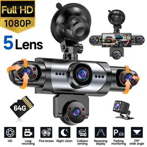 5-Lens Dash Camera Car – 1080P Front + 720P Full 360° Coverage, Night Vision, Parking Assist, Motion Detection, Loop Recording, 64GB Card Included