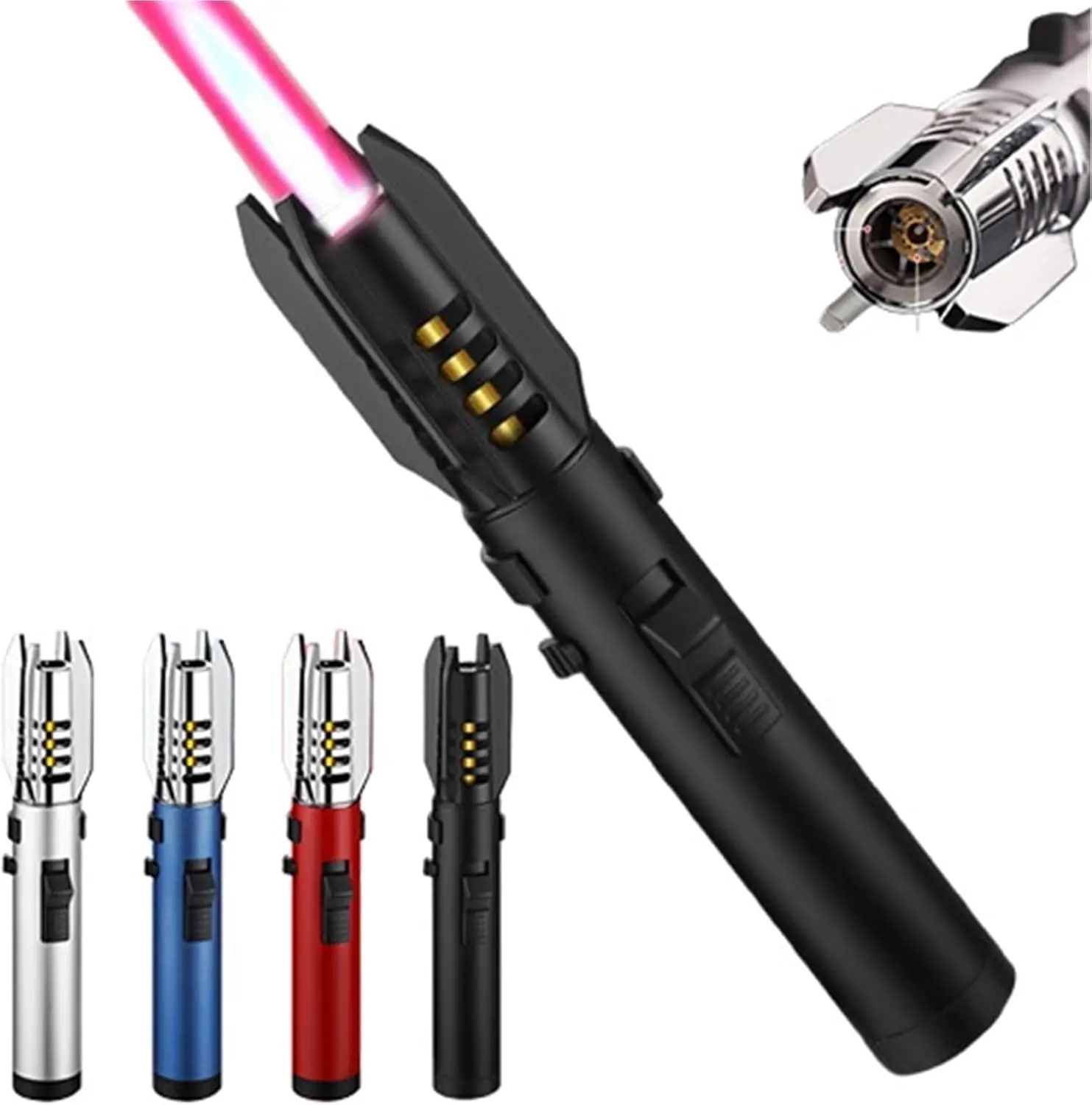 Premium Refillable Butane Gas Windproof Jet Lighter - Gas-Free Option, Safety Lock, Adjustable Intensity Red/Blue Flame, Lightweight Home Supplies Camping Portable Torch Fire Starter for Candles, Outdoors, Thoughtful Gift